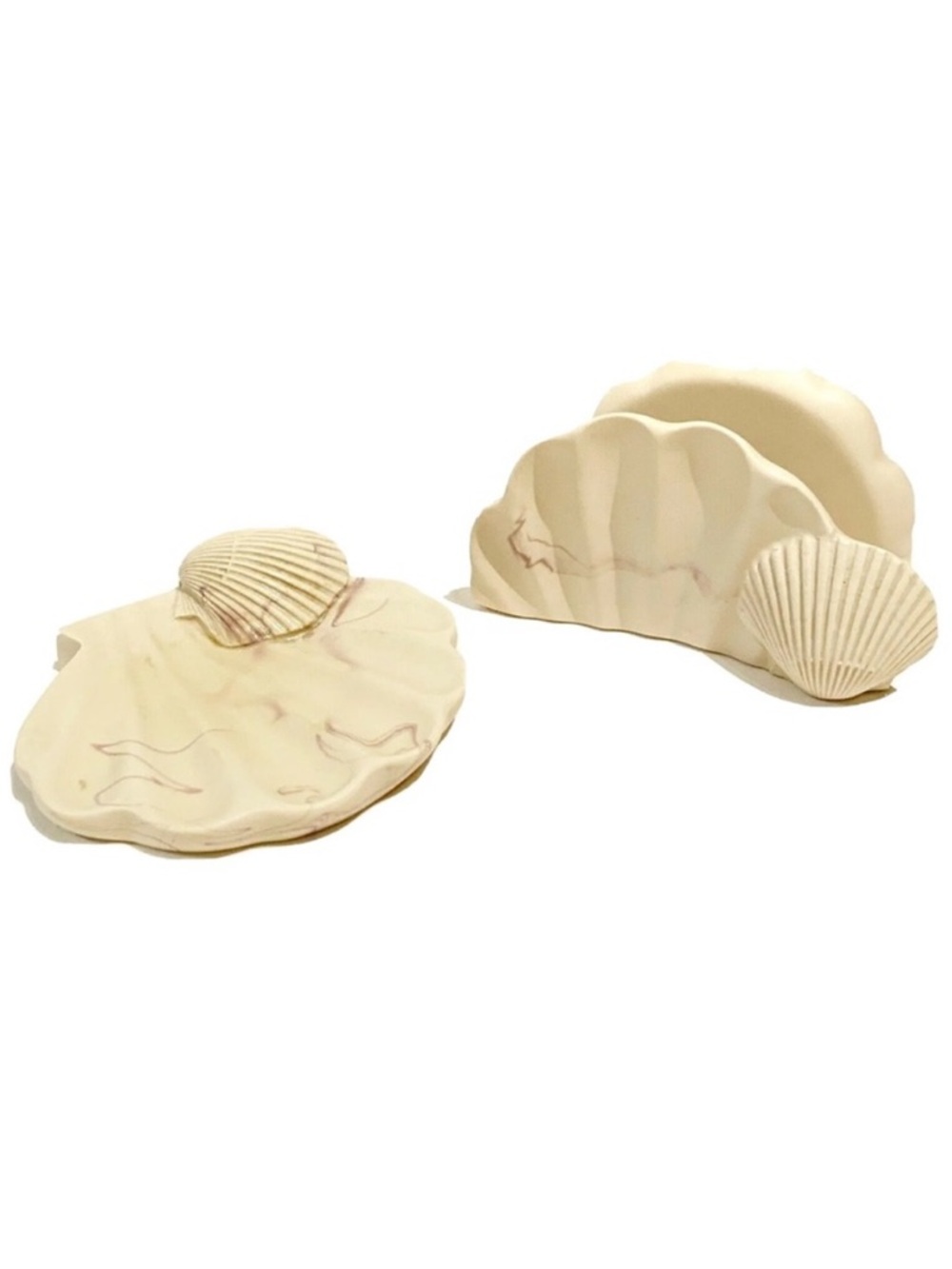 Vintage Dina Soapstone Ceramic Soap Dish and Towel Tray with Shell Design Beach